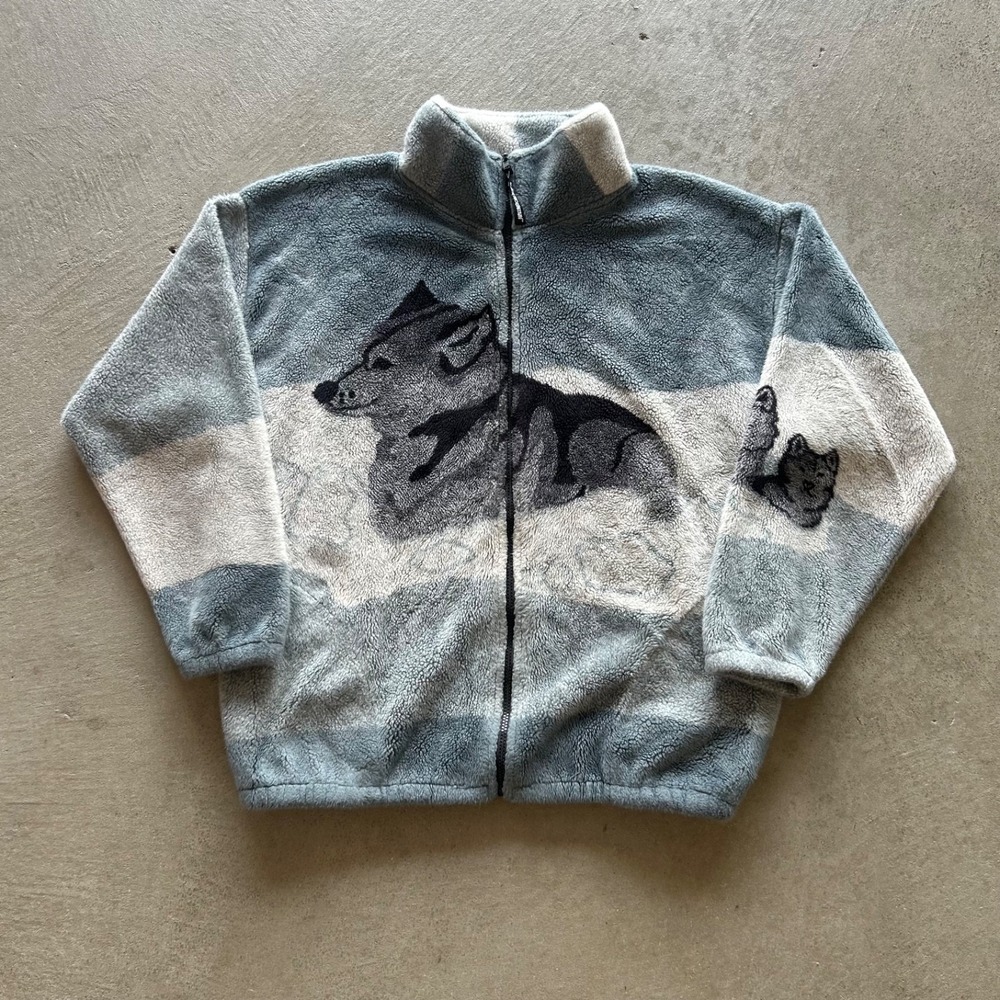 Vintage 90s Black Mountain Wolf Fleece Jacket Size Medium Blue Gray Nature AOP